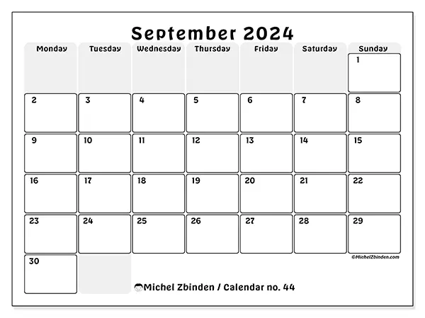 Free printable calendar n° 44 for September 2024. Week: Monday to Sunday.