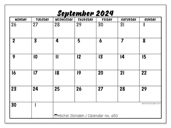 Free printable calendar n° 450 for September 2024. Week: Monday to Sunday.