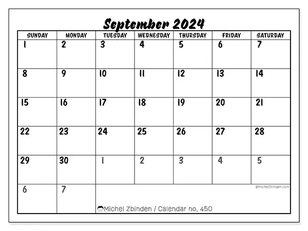Free printable calendar n° 450 for September 2024. Week: Sunday to Saturday.