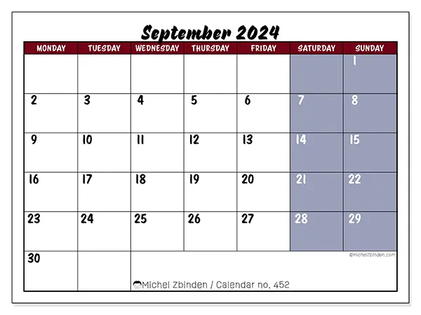 Free printable calendar n° 452 for September 2024. Week: Monday to Sunday.