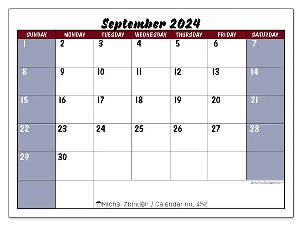 Free printable calendar n° 452 for September 2024. Week: Sunday to Saturday.