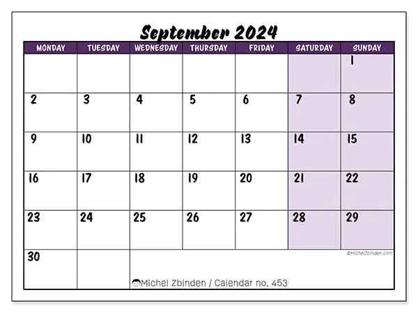 Free printable calendar n° 453 for September 2024. Week: Monday to Sunday.