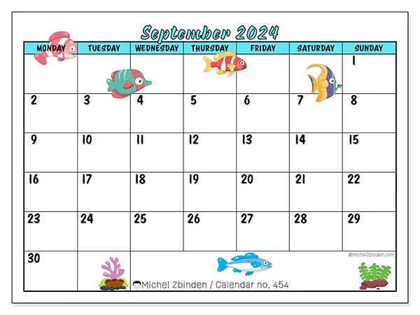 Free printable calendar n° 454 for September 2024. Week: Monday to Sunday.