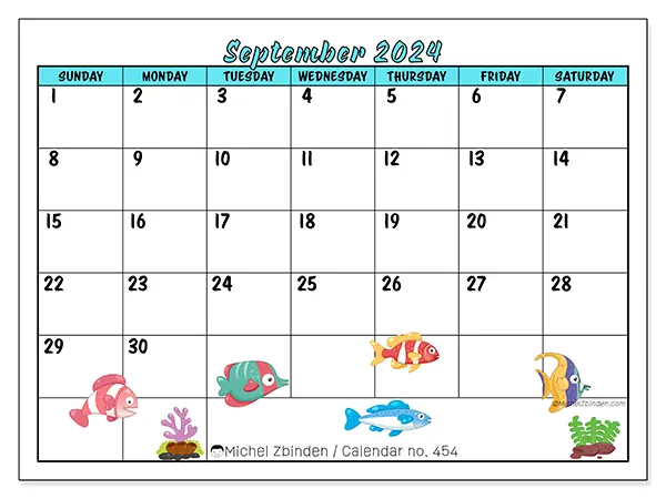 Free printable calendar n° 454 for September 2024. Week: Sunday to Saturday.