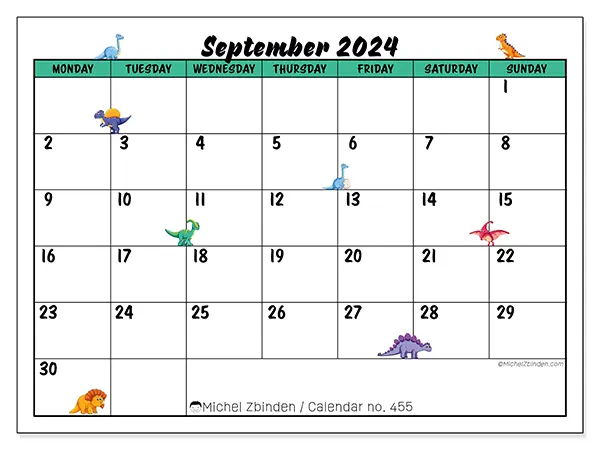 Free printable calendar n° 455 for September 2024. Week: Monday to Sunday.