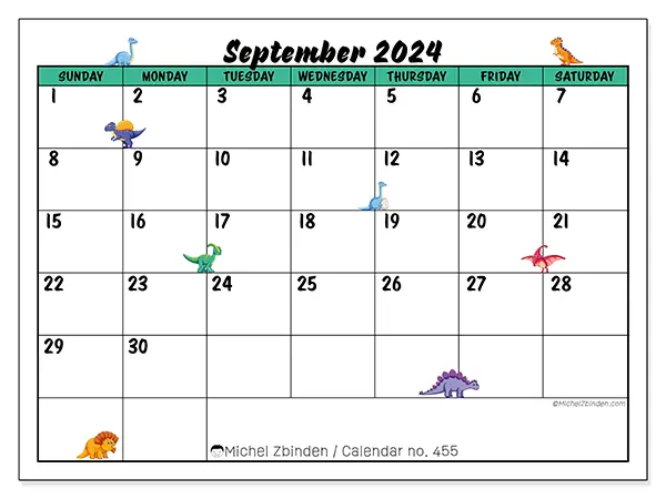 Free printable calendar n° 455 for September 2024. Week: Sunday to Saturday.