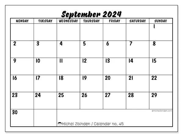 Free printable calendar n° 45 for September 2024. Week: Monday to Sunday.