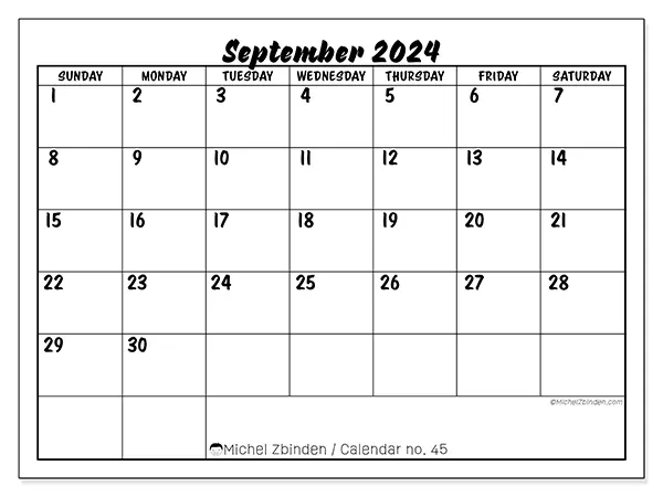 Free printable calendar n° 45 for September 2024. Week: Sunday to Saturday.