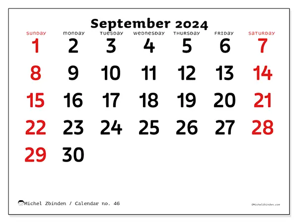 Free printable calendar no. 46 for September 2024. Week: Sunday to Saturday.