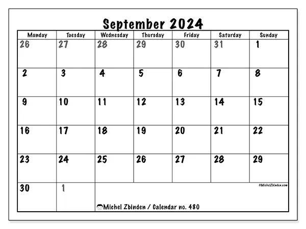 Free printable calendar no. 480 for September 2024. Week: Monday to Sunday.