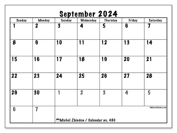Free printable calendar no. 480 for September 2024. Week: Sunday to Saturday.
