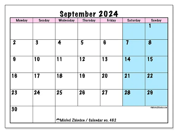 Free printable calendar no. 482 for September 2024. Week: Monday to Sunday.