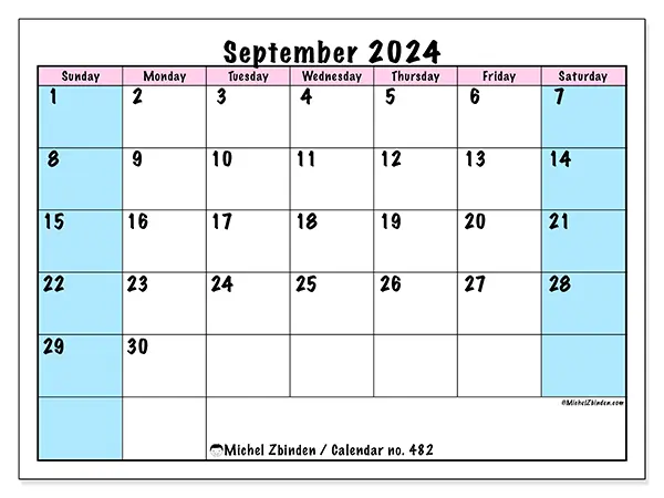 Free printable calendar no. 482 for September 2024. Week: Sunday to Saturday.