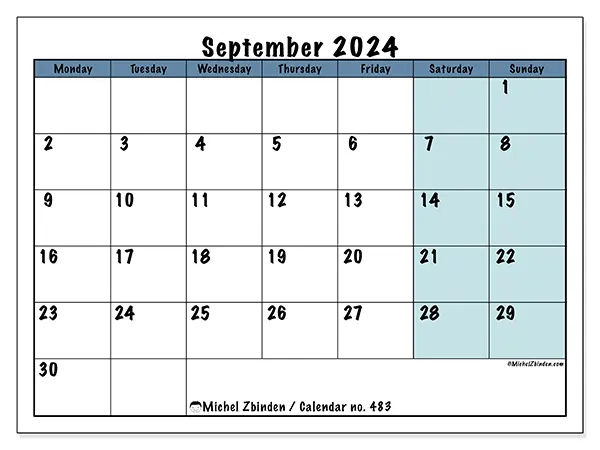 Free printable calendar no. 483 for September 2024. Week: Monday to Sunday.