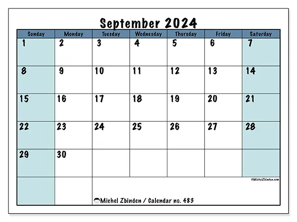 Free printable calendar no. 483 for September 2024. Week: Sunday to Saturday.