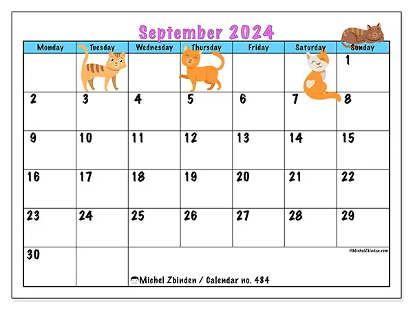 Free printable calendar no. 484 for September 2024. Week: Monday to Sunday.