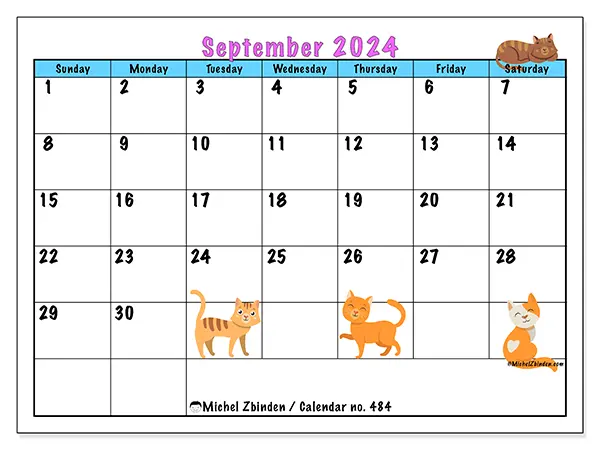 Free printable calendar no. 484 for September 2024. Week: Sunday to Saturday.