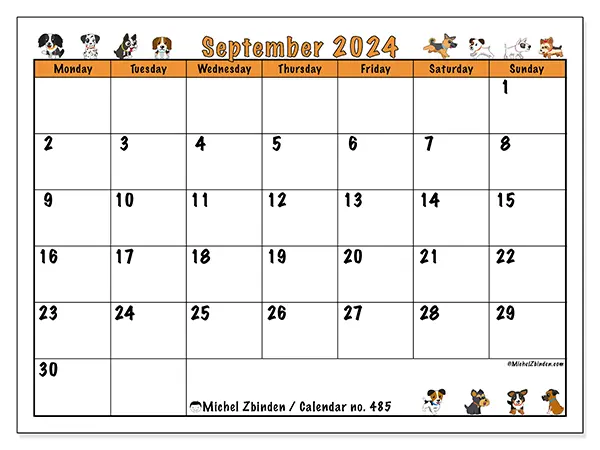 Free printable calendar no. 485 for September 2024. Week: Monday to Sunday.
