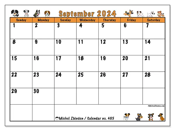 Free printable calendar no. 485 for September 2024. Week: Sunday to Saturday.