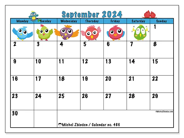 Free printable calendar no. 486 for September 2024. Week: Monday to Sunday.