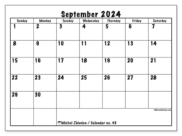 Free printable calendar no. 48 for September 2024. Week: Sunday to Saturday.