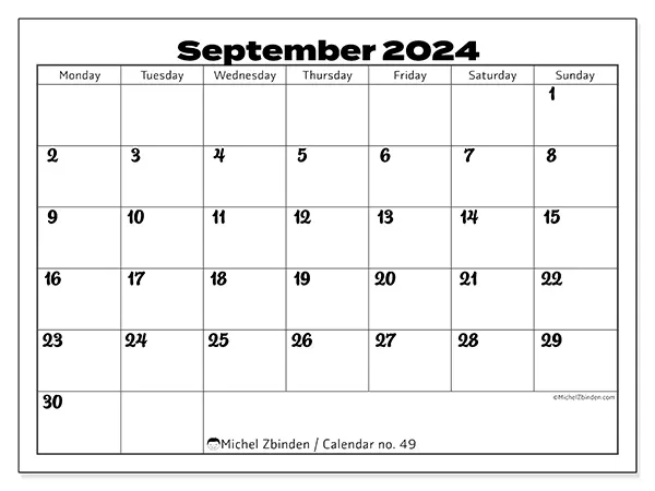 Free printable calendar no. 49 for September 2024. Week: Monday to Sunday.