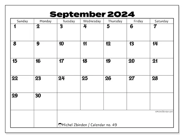 Free printable calendar no. 49 for September 2024. Week: Sunday to Saturday.