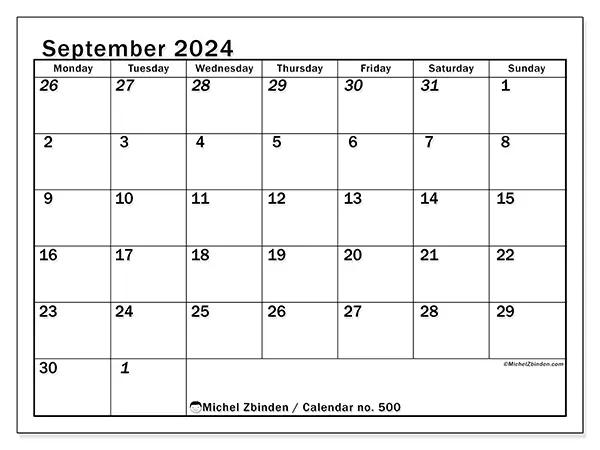 Free printable calendar no. 500 for September 2024. Week: Monday to Sunday.
