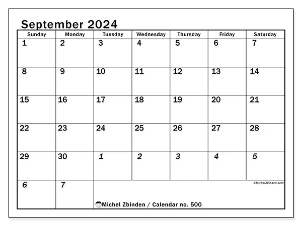 Free printable calendar no. 500 for September 2024. Week: Sunday to Saturday.