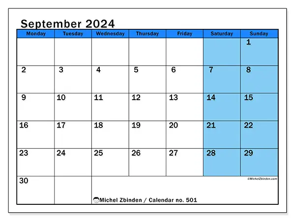 Free printable calendar no. 501 for September 2024. Week: Monday to Sunday.