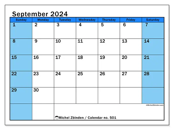 Free printable calendar no. 501 for September 2024. Week: Sunday to Saturday.