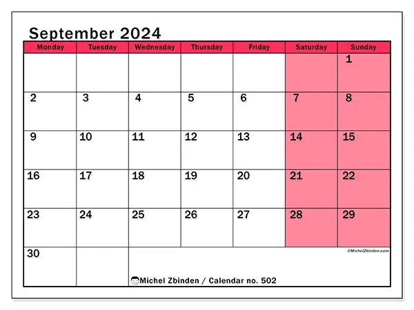 Free printable calendar no. 502 for September 2024. Week: Monday to Sunday.