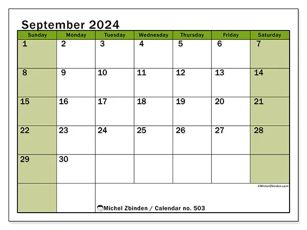 Free printable calendar no. 503 for September 2024. Week: Sunday to Saturday.