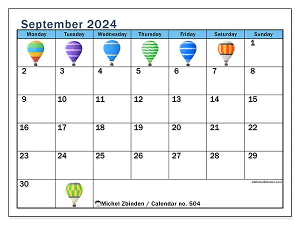 Free printable calendar no. 504 for September 2024. Week: Monday to Sunday.