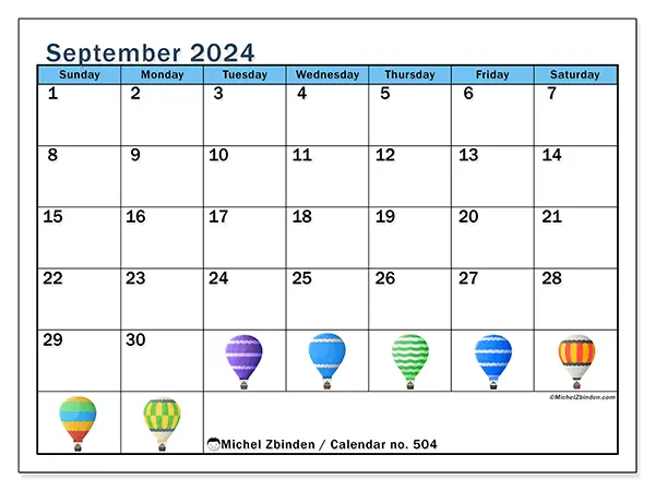 Free printable calendar no. 504 for September 2024. Week: Sunday to Saturday.