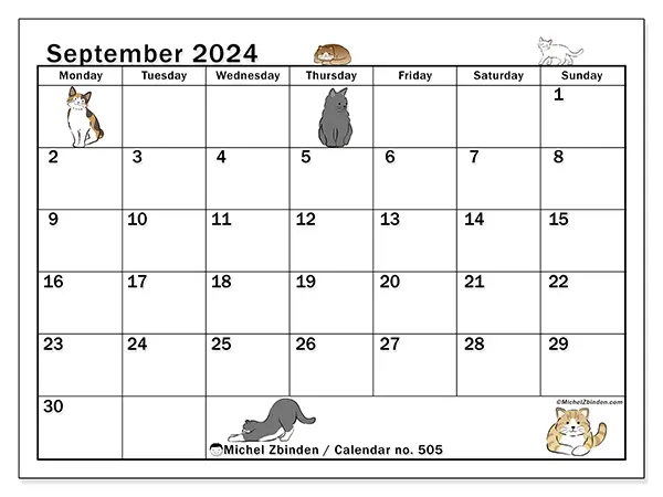 Free printable calendar no. 505 for September 2024. Week: Monday to Sunday.