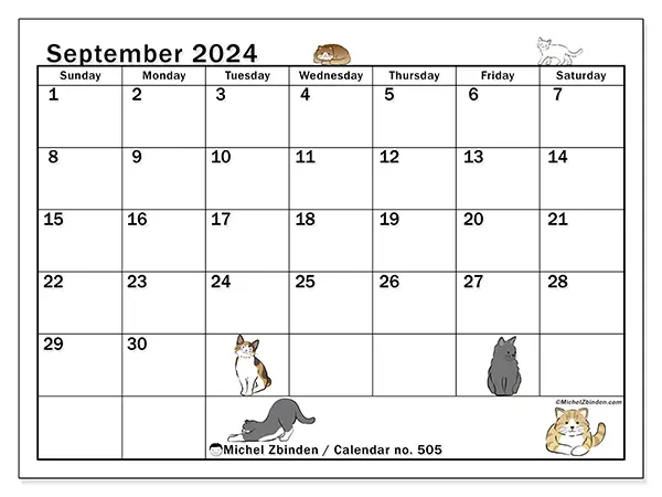 Free printable calendar no. 505 for September 2024. Week: Sunday to Saturday.