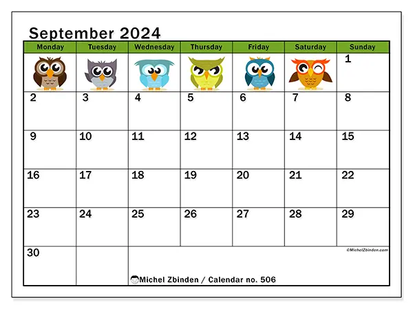 Free printable calendar no. 506 for September 2024. Week: Monday to Sunday.