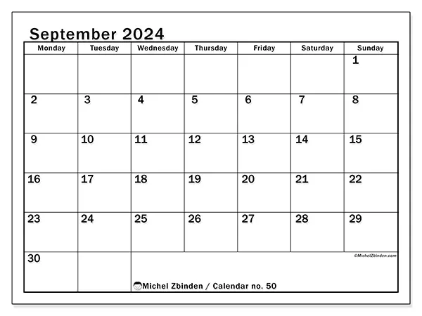 Free printable calendar no. 50 for September 2024. Week: Monday to Sunday.