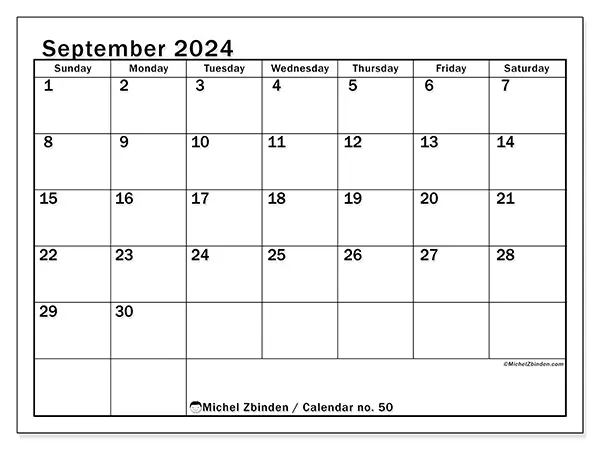 Free printable calendar no. 50 for September 2024. Week: Sunday to Saturday.