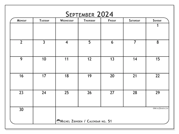 Free printable calendar no. 51 for September 2024. Week: Monday to Sunday.