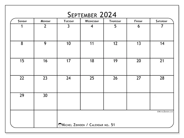 Free printable calendar no. 51 for September 2024. Week: Sunday to Saturday.
