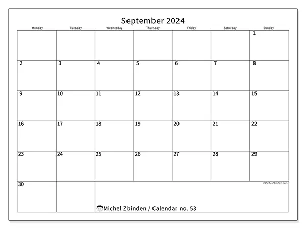Free printable calendar no. 53 for September 2024. Week: Monday to Sunday.