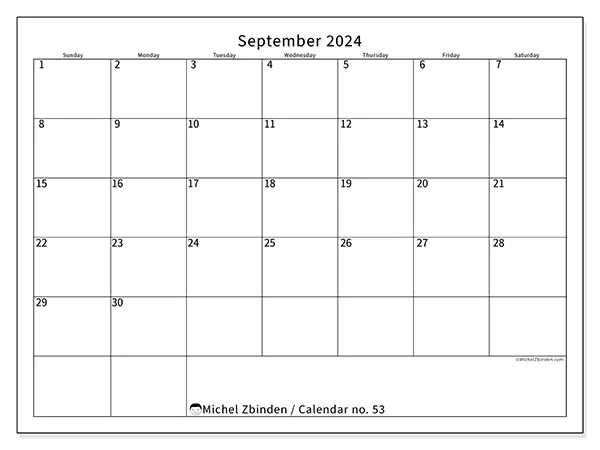 Free printable calendar no. 53, September 2025. Week:  Sunday to Saturday