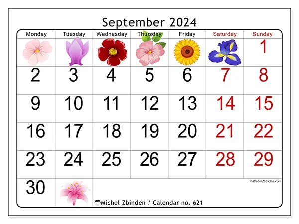 Free printable calendar no. 621 for September 2024. Week: Monday to Sunday.