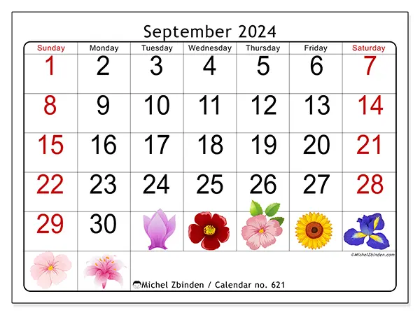 Free printable calendar no. 621 for September 2024. Week: Sunday to Saturday.