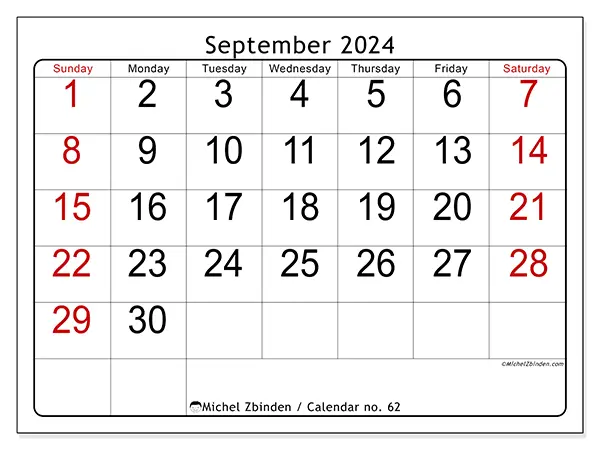Free printable calendar no. 62 for September 2024. Week: Sunday to Saturday.
