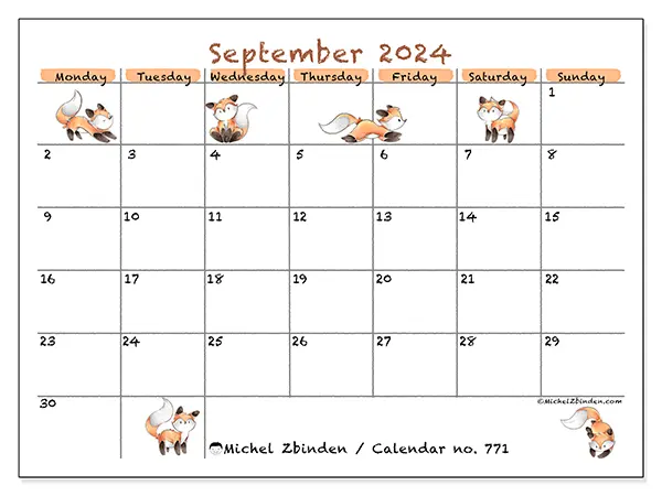 Free printable calendar no. 771 for September 2024. Week: Monday to Sunday.