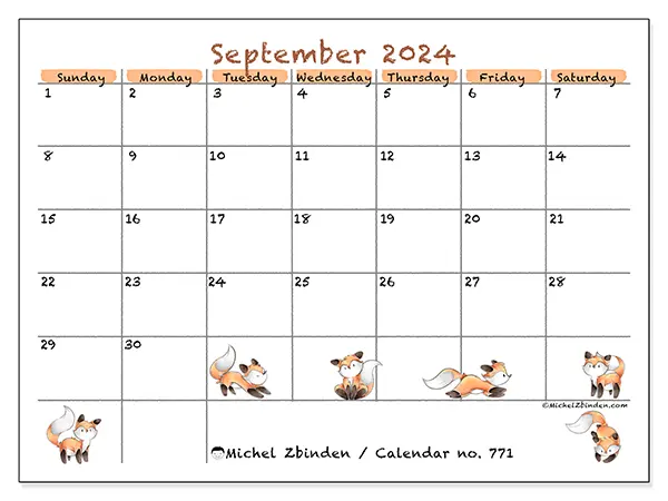 Free printable calendar no. 771 for September 2024. Week: Sunday to Saturday.