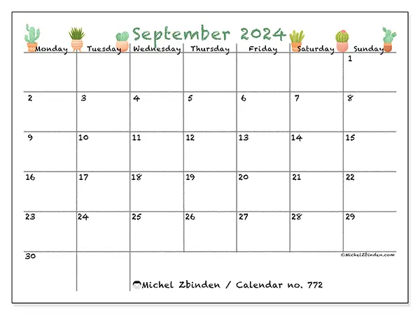Free printable calendar no. 772 for September 2024. Week: Monday to Sunday.